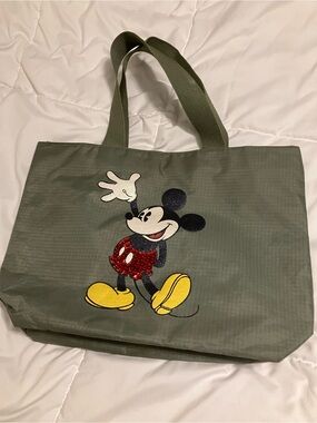 Disney Mickey Mouse Olive Green Tote Bag Glitter Appliqué Zip Top